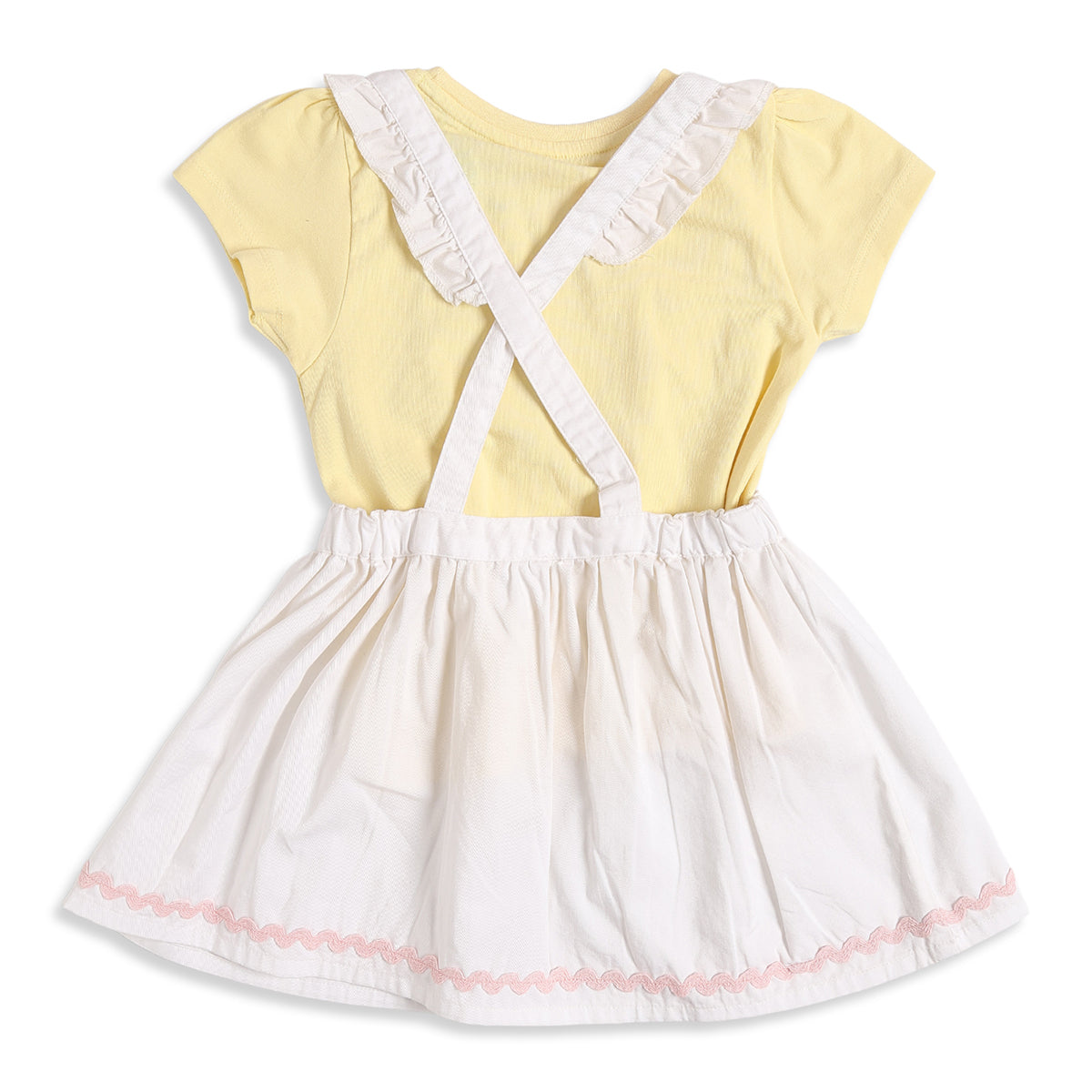 Baby Girls Yellow T-Shirt with White Embroidered Pinafore Dress Casual Outfit Set