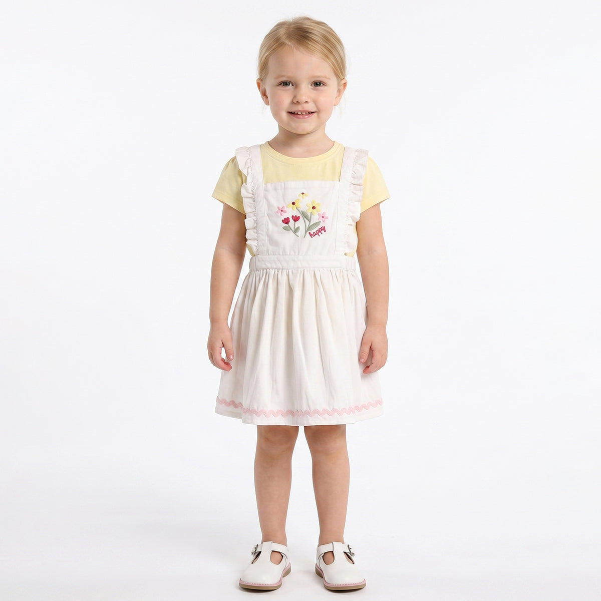 Baby Girls Yellow T-Shirt with White Embroidered Pinafore Dress Casual Outfit Set