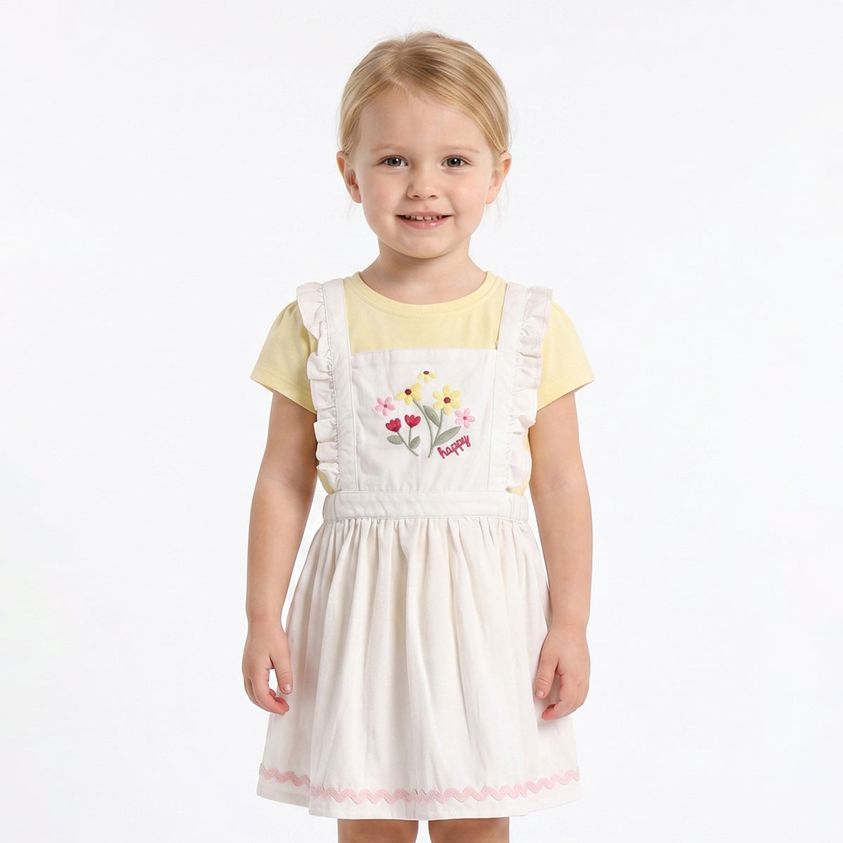 Baby Girls Yellow T-Shirt with White Embroidered Pinafore Dress Casual Outfit Set