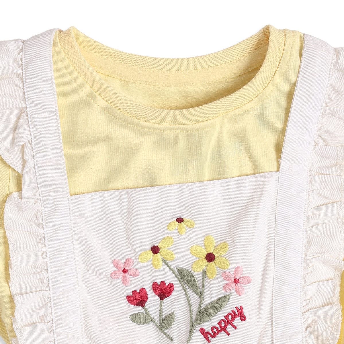 Baby Girls Yellow T-Shirt with White Embroidered Pinafore Dress Casual Outfit Set