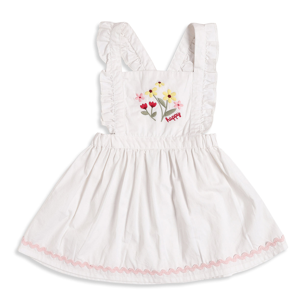 Baby Girls Yellow T-Shirt with White Embroidered Pinafore Dress Casual Outfit Set