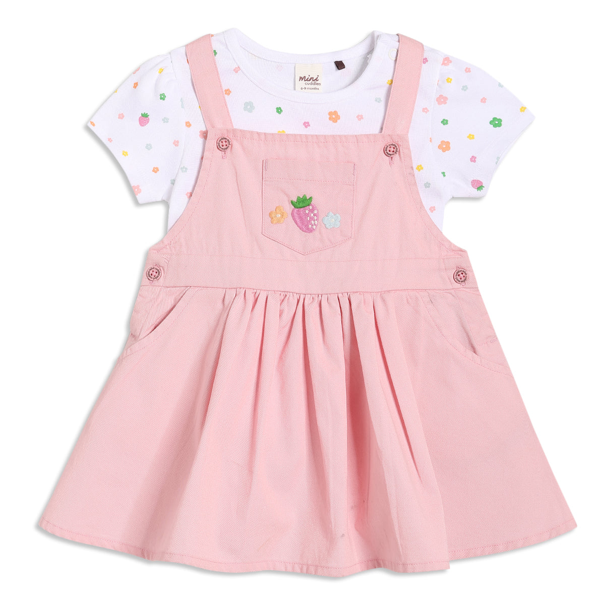 Baby Girls Strawberry Print Pinny Set with T-shirt, Pink and White