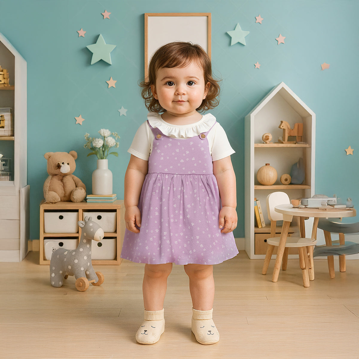 Baby Girls All-Over Print Pinny Set, Lilac