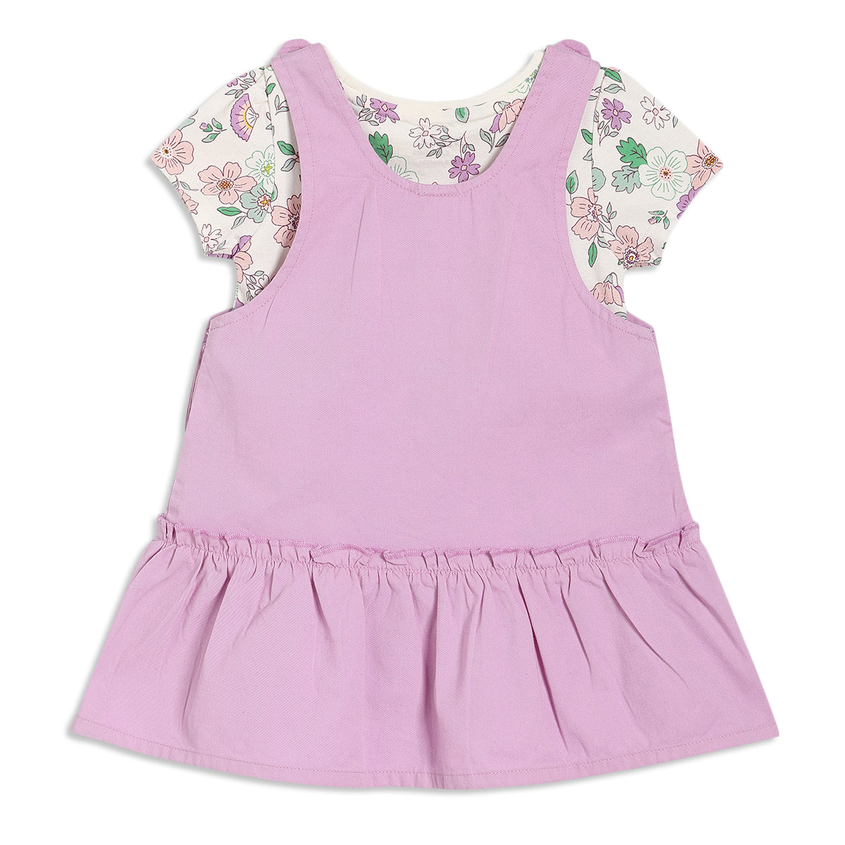 Baby Girls Floral Print T-Shirt and Solid Pinafore Pinny Pack of 2, Pink and Lilac