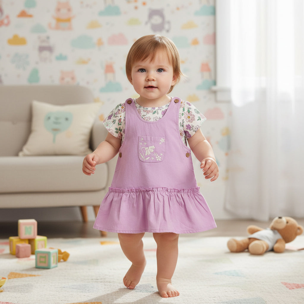 Baby Girls Floral Print T-Shirt and Solid Pinafore Pinny Pack of 2, Pink and Lilac