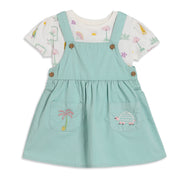 Baby Girls Printed Top with Solid Pinafore Pinny Set, Mint Green
