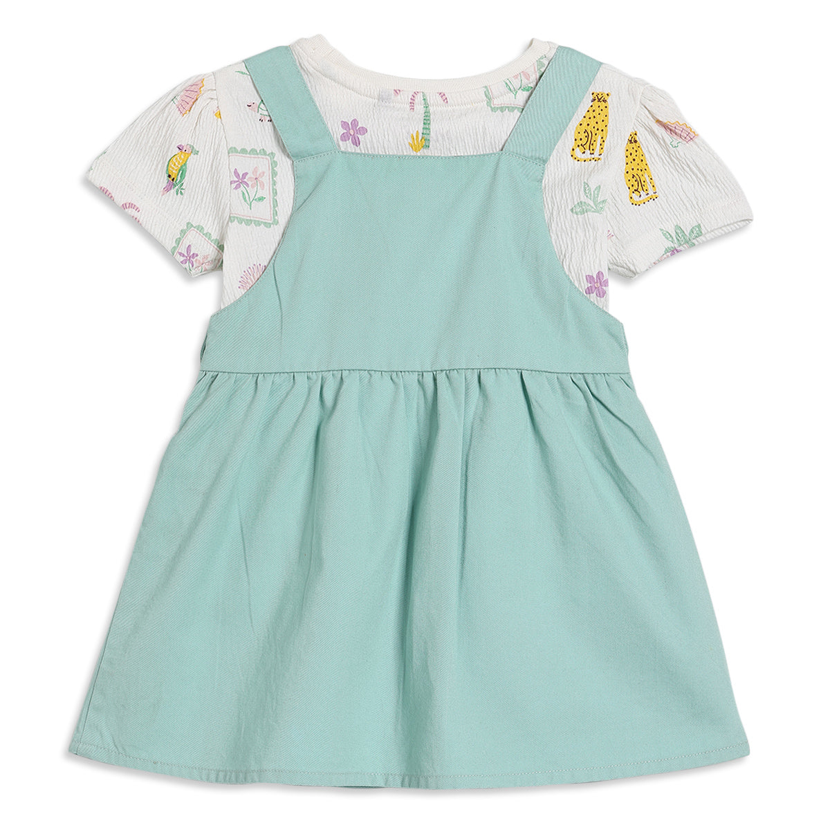 Baby Girls Printed Top with Solid Pinafore Pinny Set, Mint Green