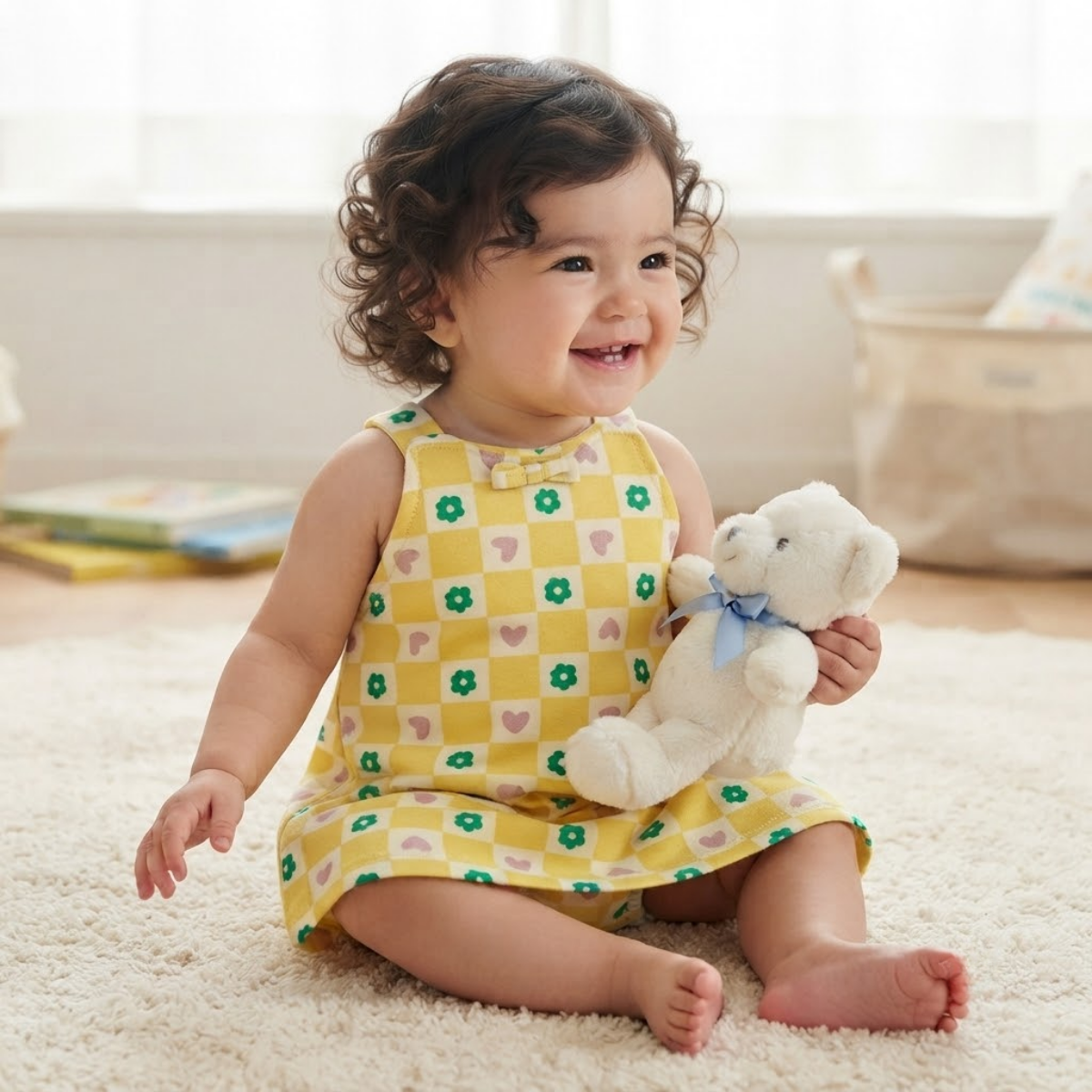 Baby Girls Yellow and White Cotton Printed Pinny Set Regular Fit Casual Wear
