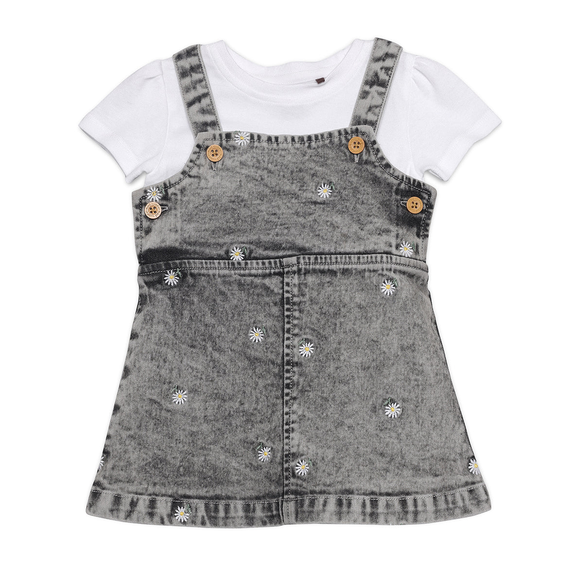Baby Girls Daisy Embroidered Denim Pinny Set, Black