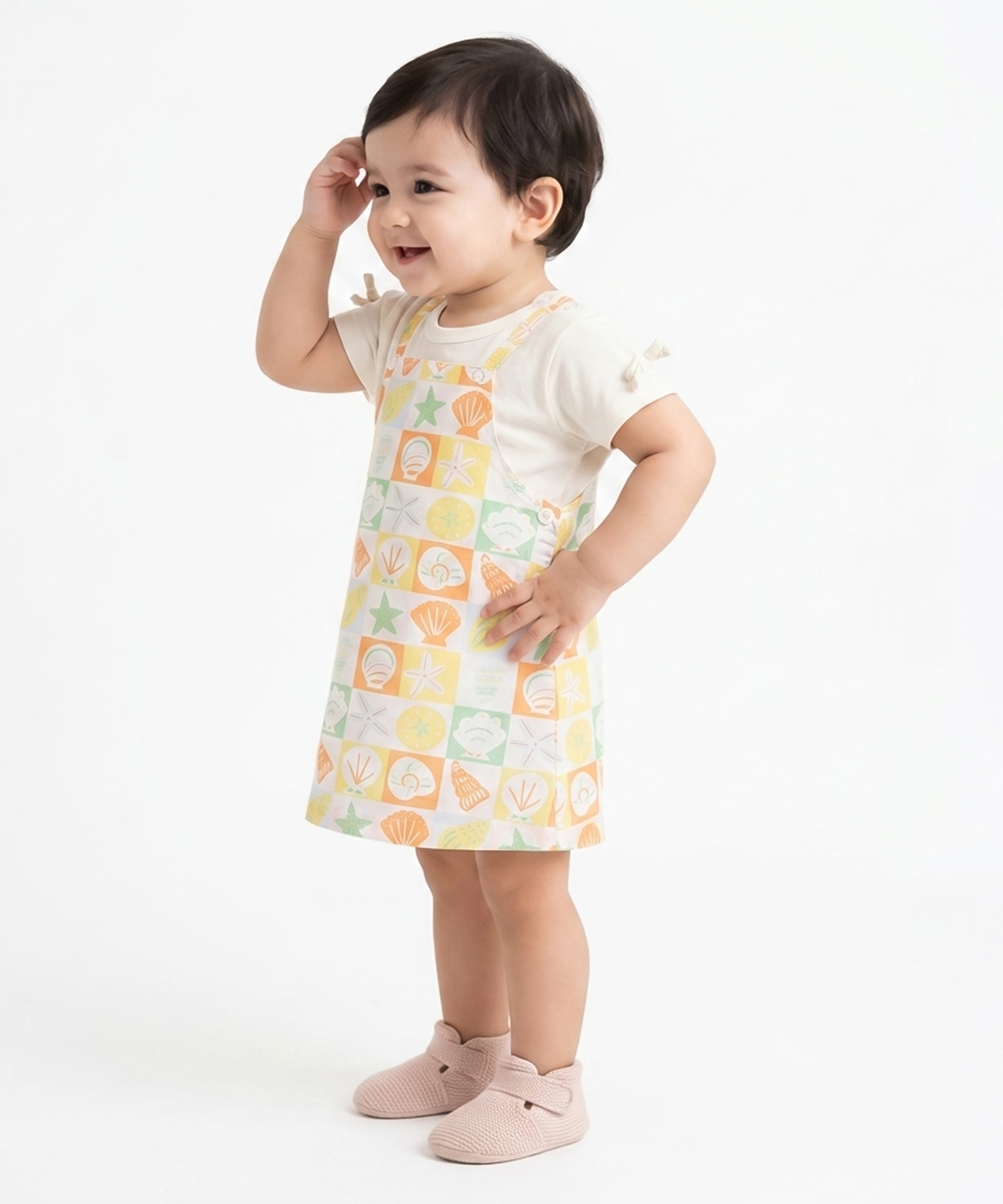 Baby Girls All Over Print Dungaree Dress Set, Cream and Yellow