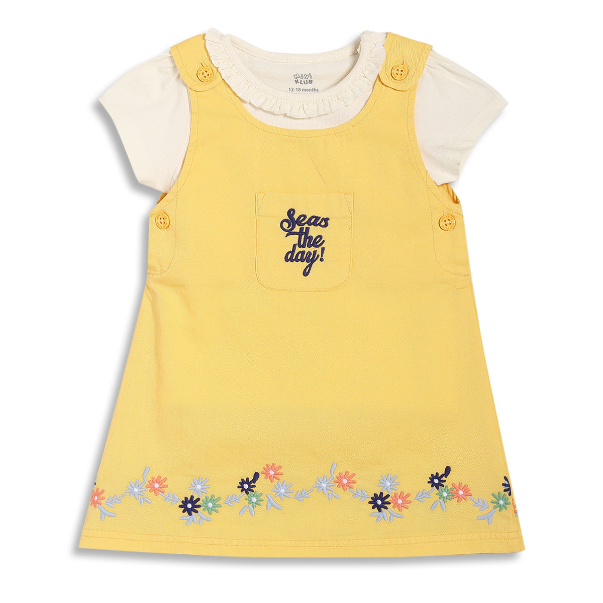 Baby Girls Embroidered Pinafore Set with Top, Yellow and Cream