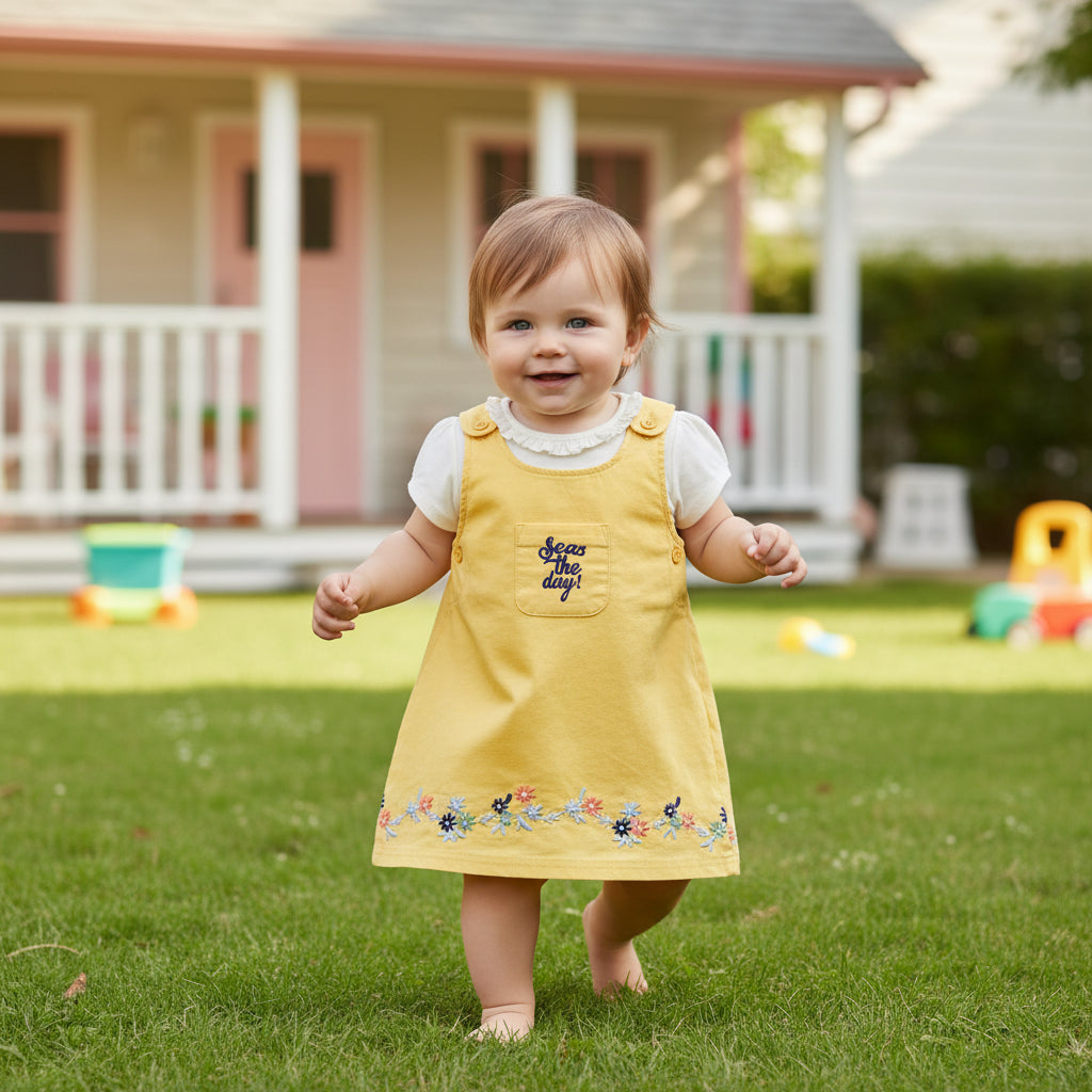Baby Girls Embroidered Pinafore Set with Top, Yellow and Cream