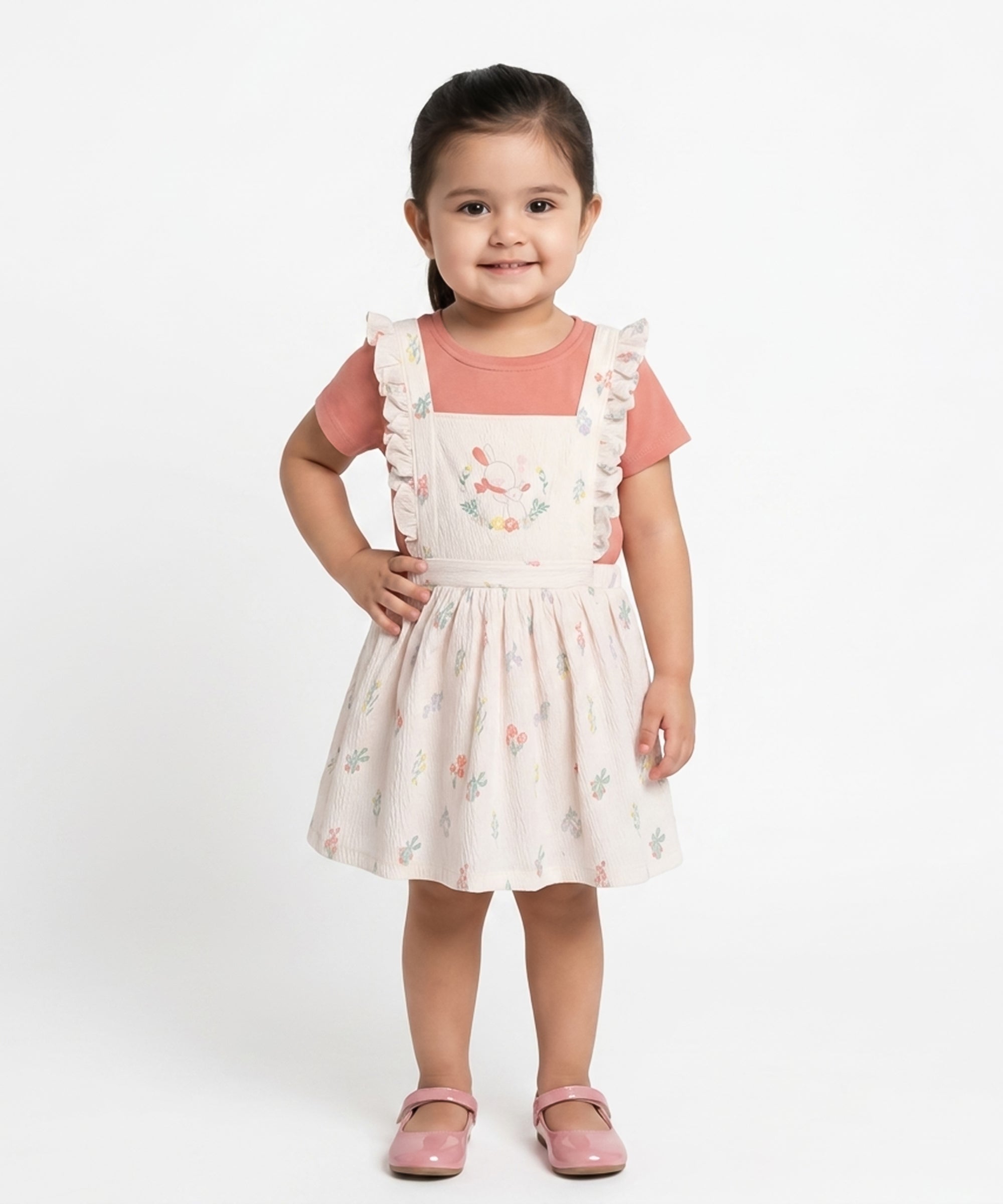 Baby Girls Animal Printed Pinny Set, Peach and Cream
