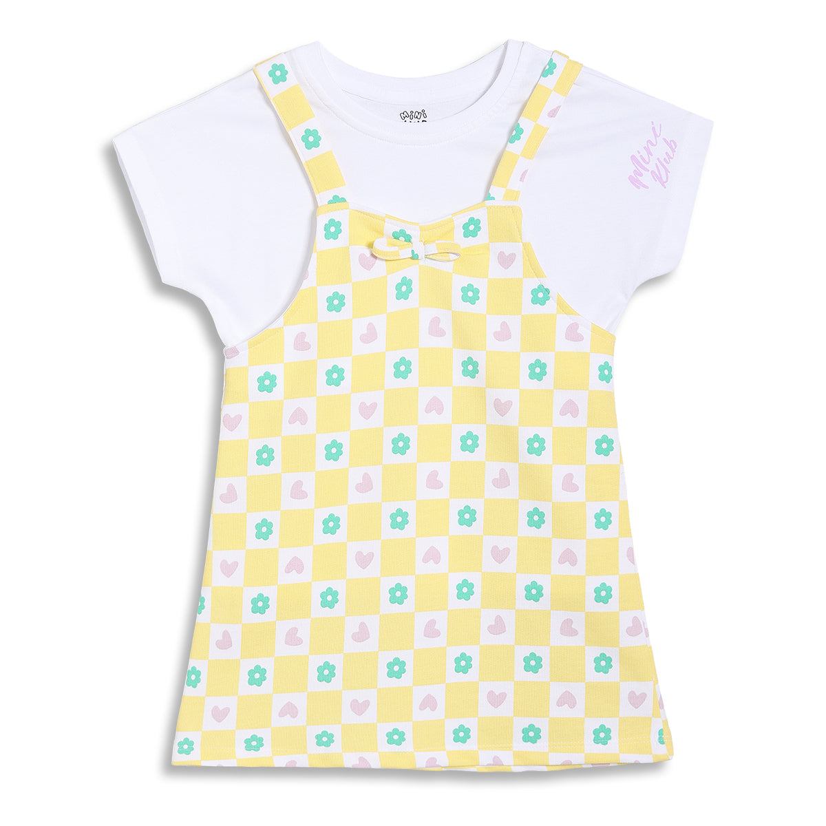 Baby Girls Checked Dungaree Set with T-Shirt, Pack of 2, Yellow and White