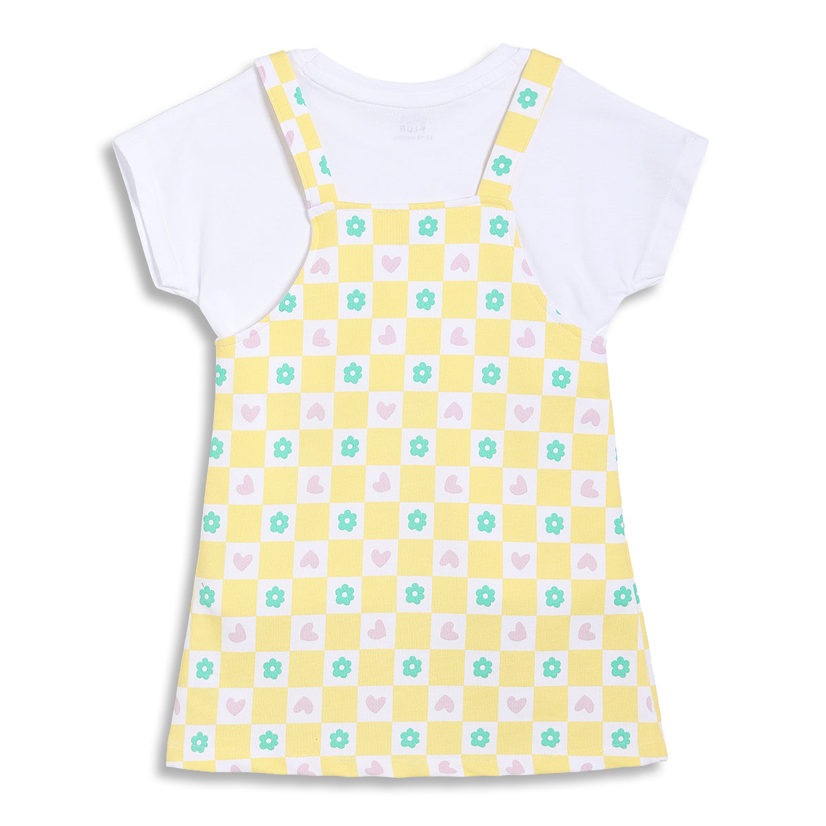 Baby Girls Checked Dungaree Set with T-Shirt, Pack of 2, Yellow and White