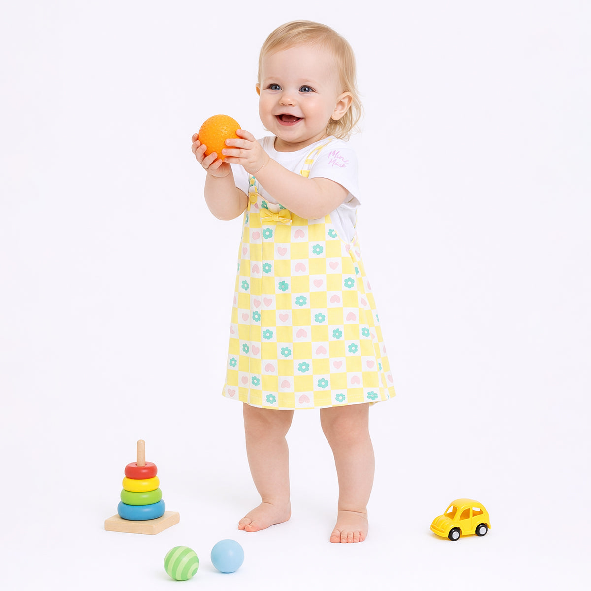 Baby Girls Checked Dungaree Set with T-Shirt, Pack of 2, Yellow and White