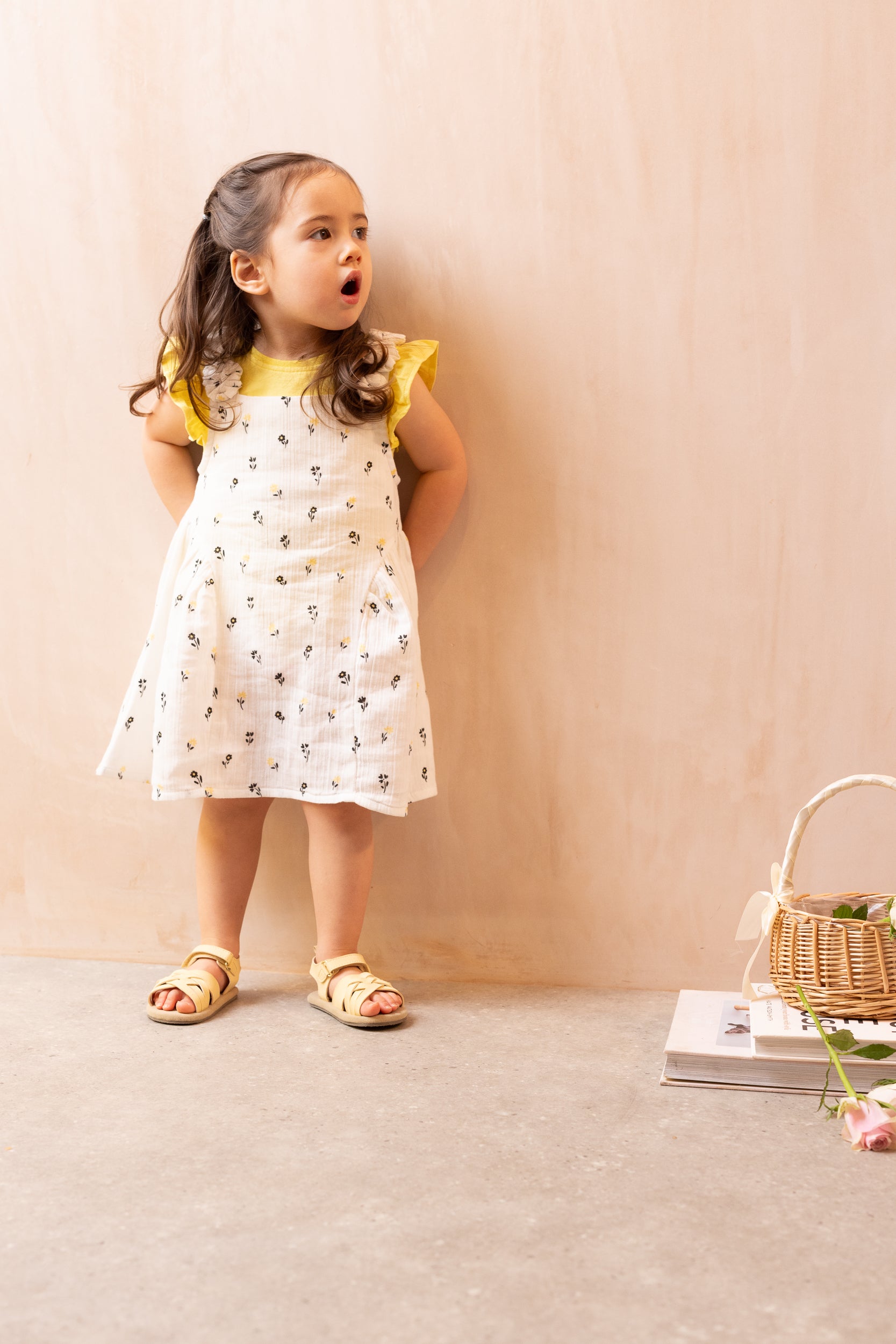 Baby Girls Floral Print Pinny Set with Yellow Top and Headband, Pack of 3, Cream and Yellow
