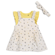 Baby Girls Floral Print Pinny Set with Yellow Top and Headband, Pack of 3, Cream and Yellow