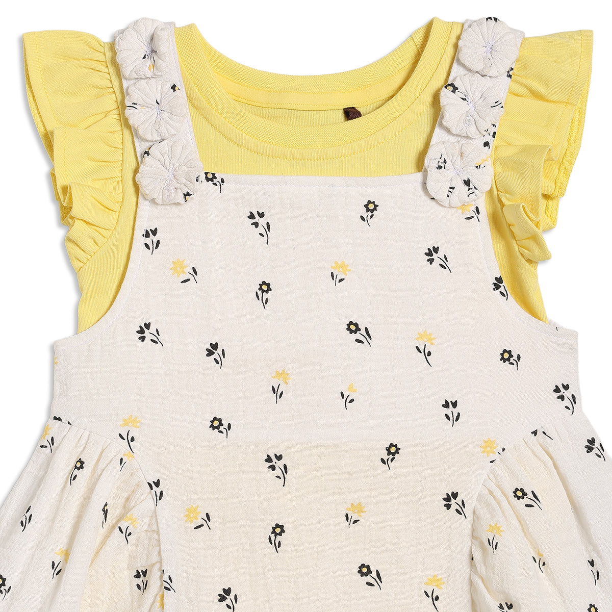 Baby Girls Floral Print Pinny Set with Yellow Top and Headband, Pack of 3, Cream and Yellow