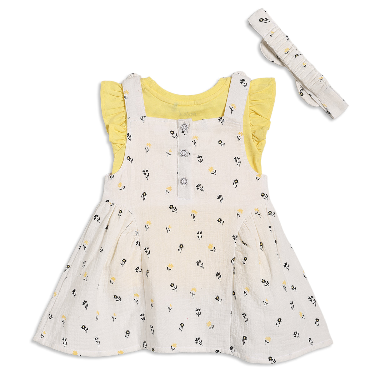Baby Girls Floral Print Pinny Set with Yellow Top and Headband, Pack of 3, Cream and Yellow