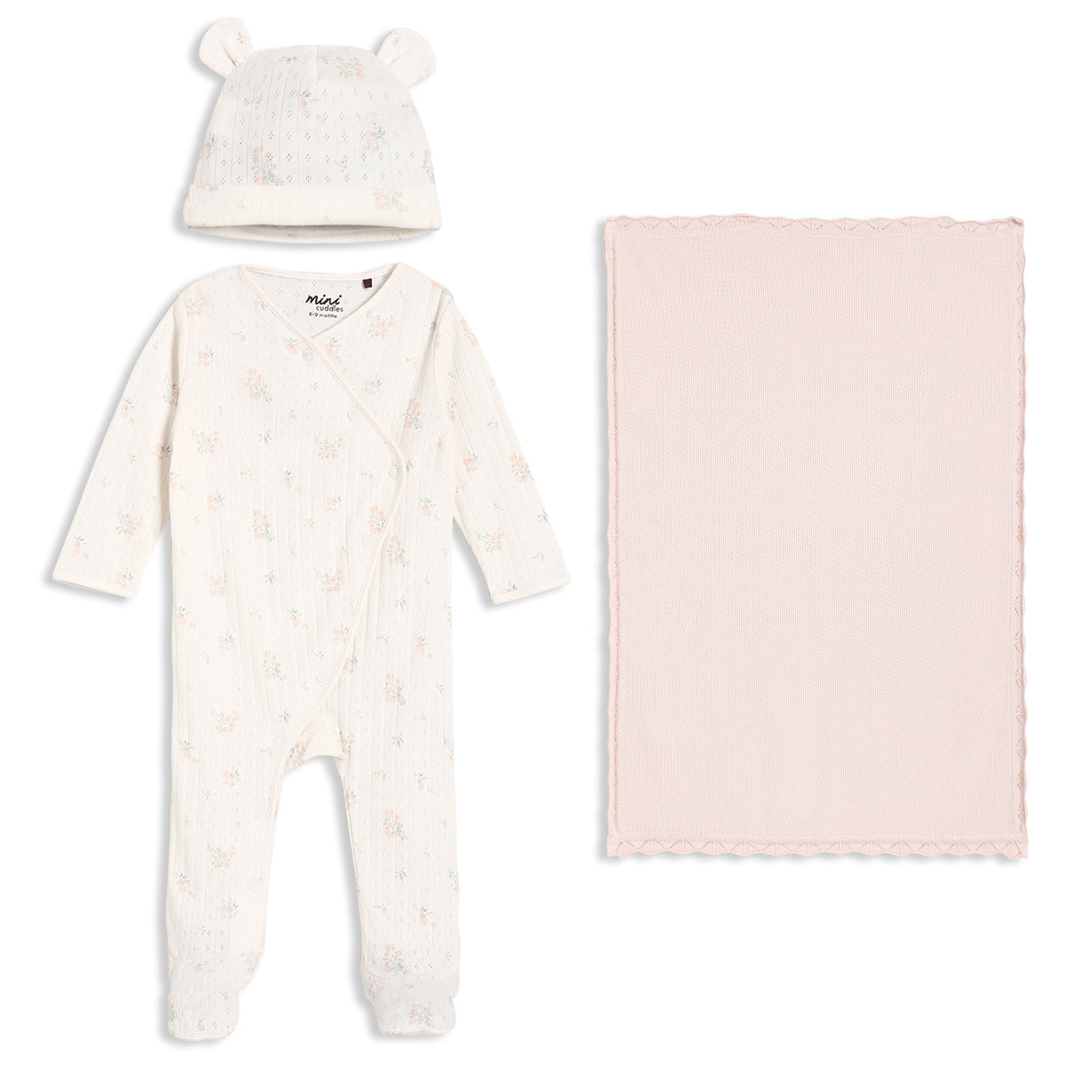 Baby Girls Printed Sleepsuit with Cap & Blanket Gift Set, Off White & Blush Pink