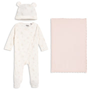 Baby Girls Printed Sleepsuit with Cap & Blanket Gift Set, Off White & Blush Pink