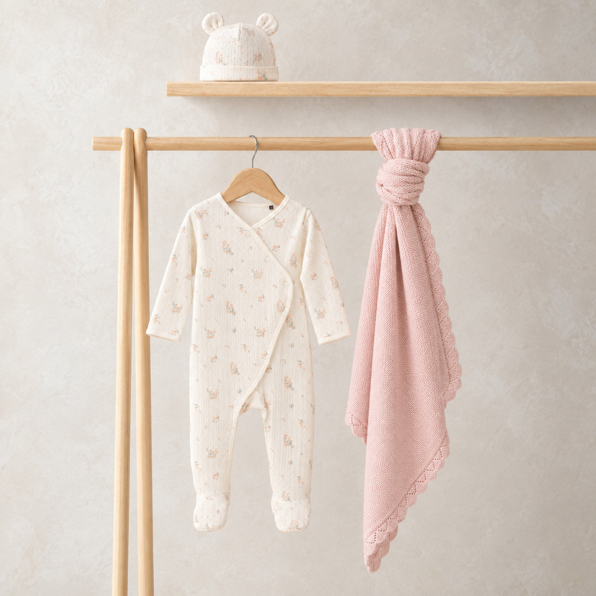 Baby Girls Printed Sleepsuit with Cap & Blanket Gift Set, Off White & Blush Pink