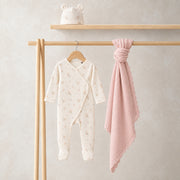 Baby Girls Printed Sleepsuit with Cap & Blanket Gift Set, Off White & Blush Pink