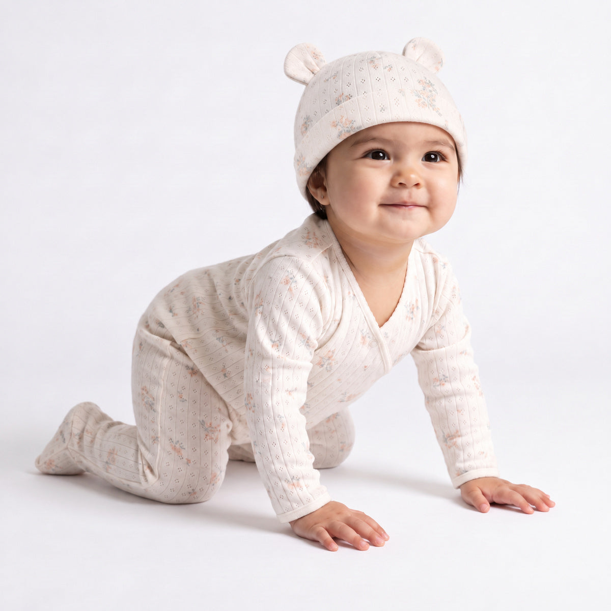 Baby Girls Printed Sleepsuit with Cap & Blanket Gift Set, Off White & Blush Pink