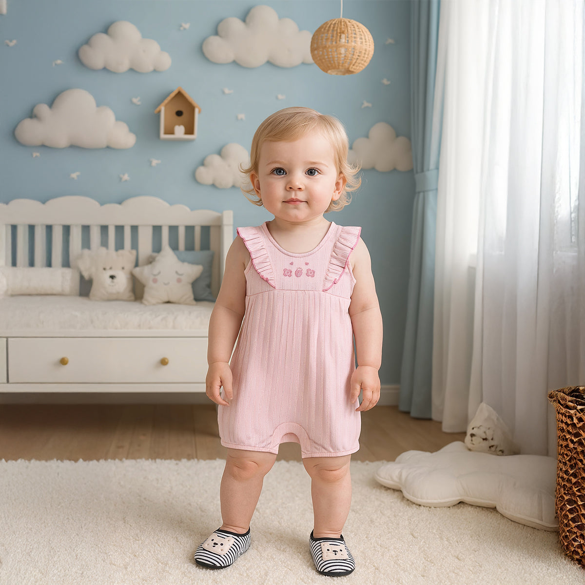 Baby Girls Embroidered Ruffle Rib Romper, Pink