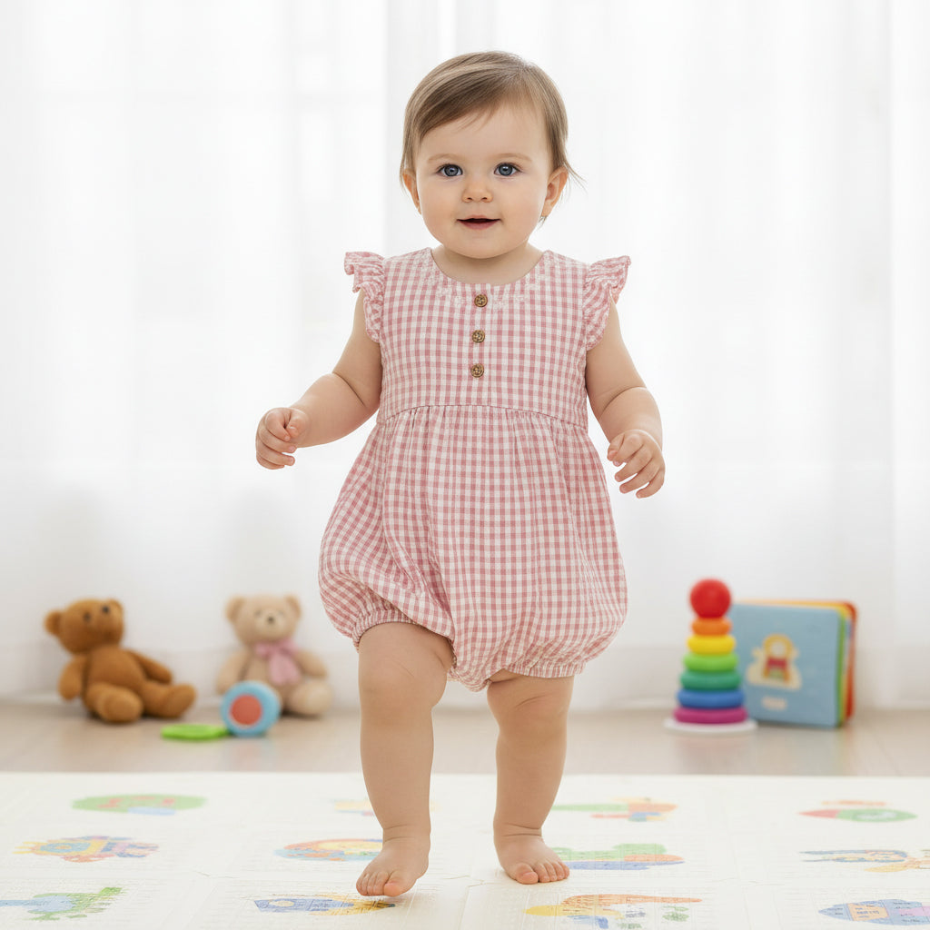 Baby Girls Gingham Check Romper, Pink