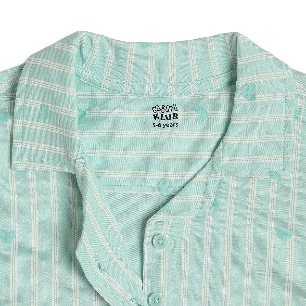 Baby Girls Heart Print Striped Night Suit Set, Green