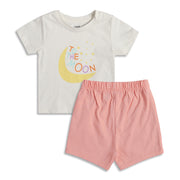 Baby Girls Moon Print Top & Shorts Night Suit Set, Off White & Peach