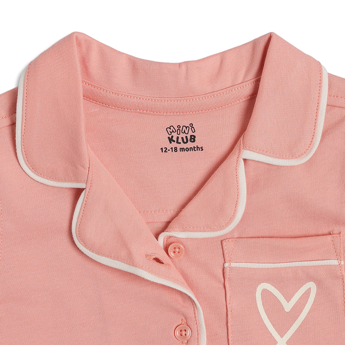 Baby Girls Solid Shirt & Shorts Night Suit Set with Collar Neck, Peach