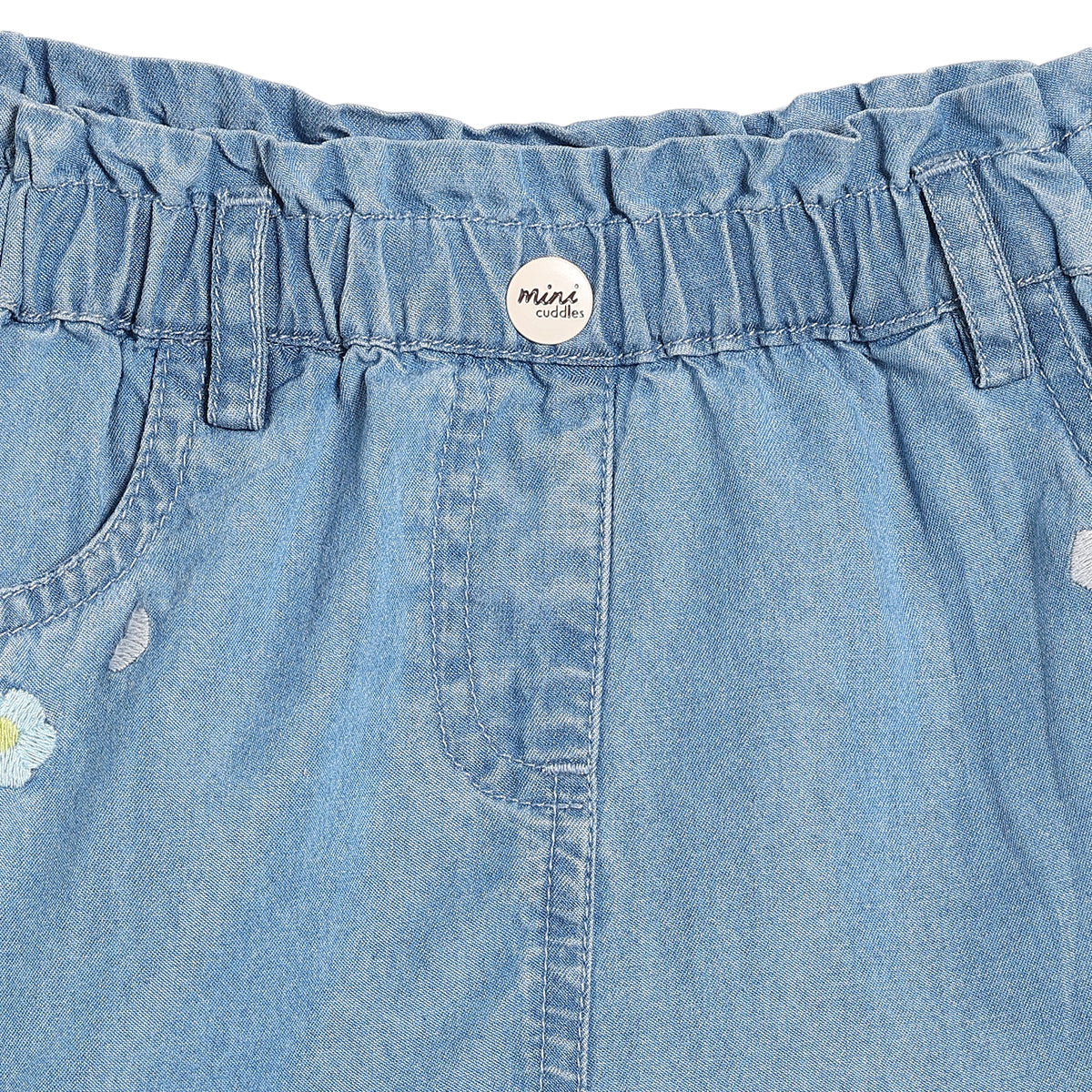 Baby Girls Denim Shorts with Floral Embroidery, Light Blue