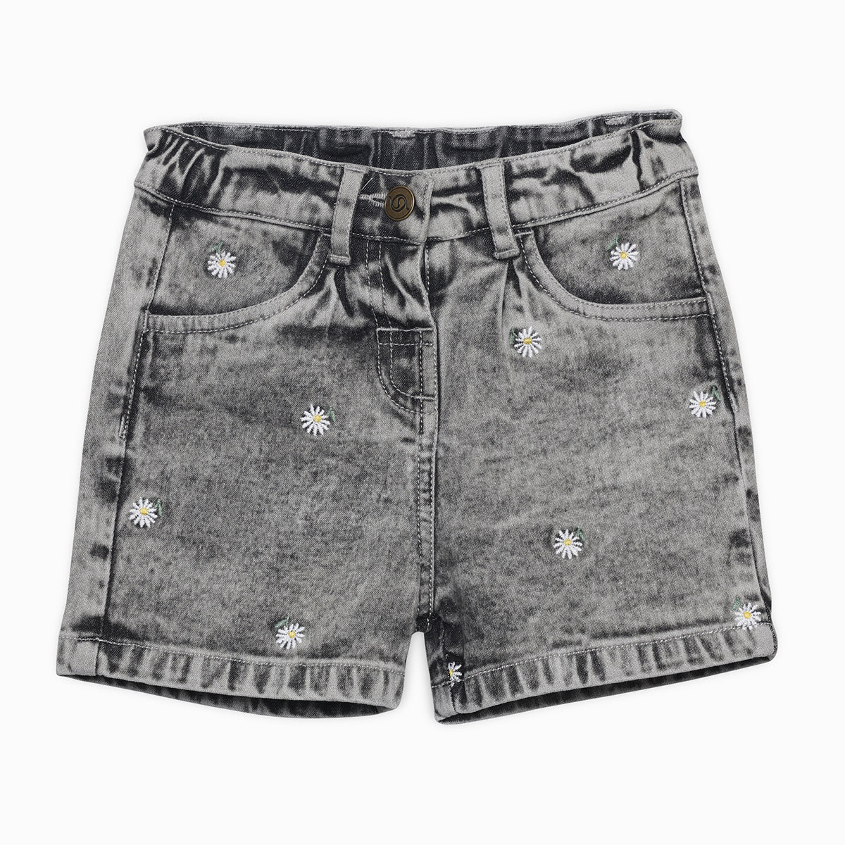 Baby Girls Daisy Embroidered Denim Shorts, Black