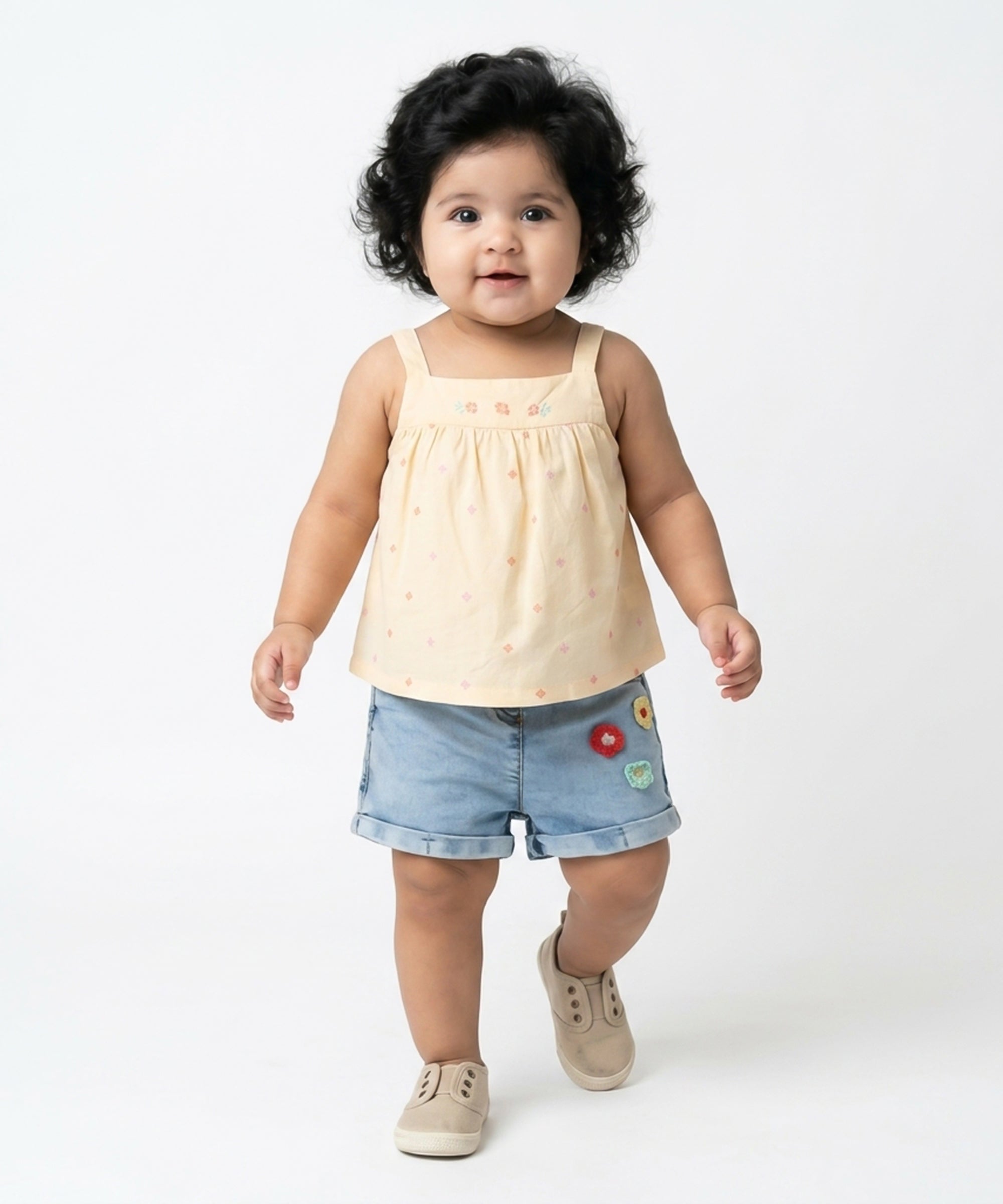 Baby Girls Denim Shorts with Floral Applique, Light Blue