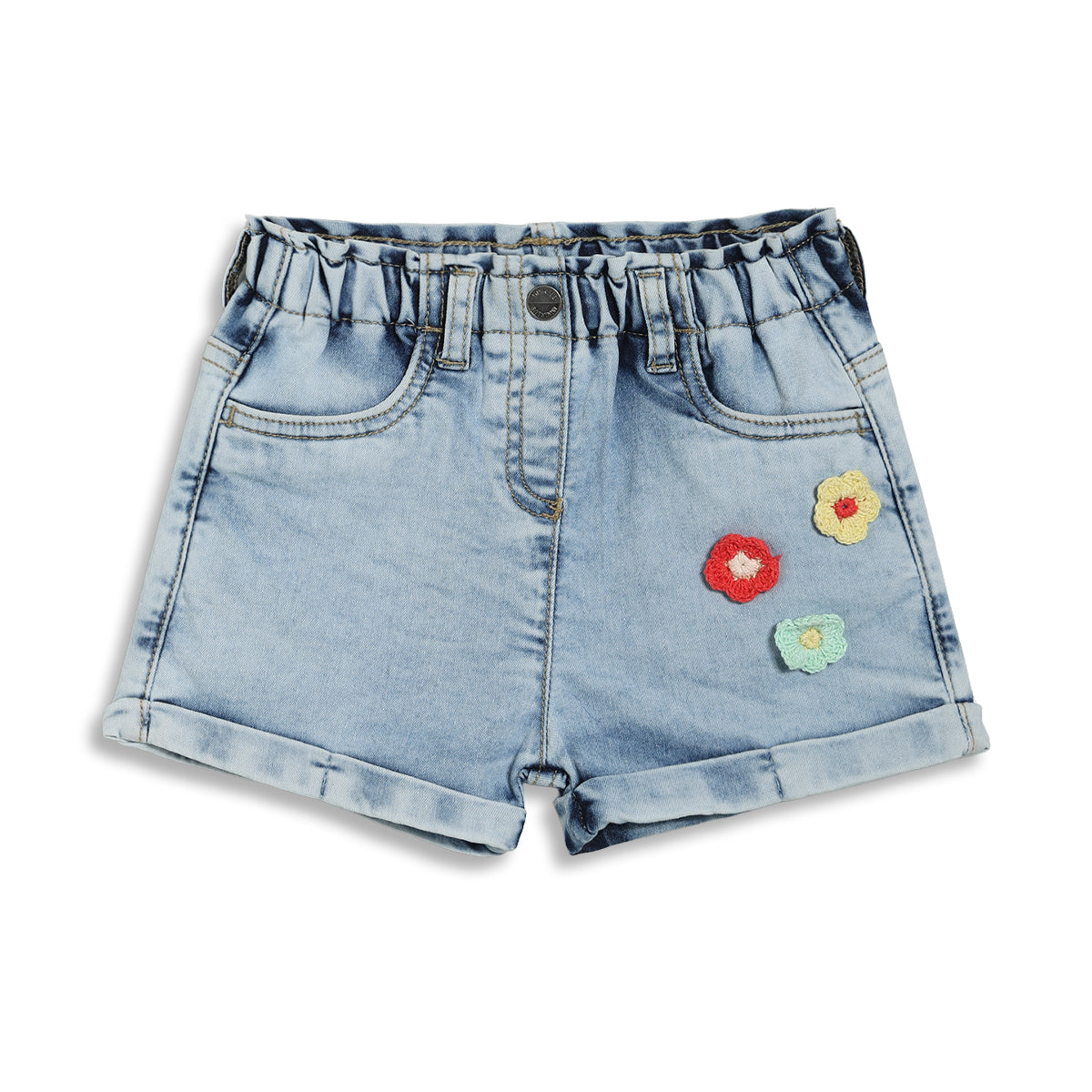 Girls Denim Shorts with Floral Applique, Light Blue