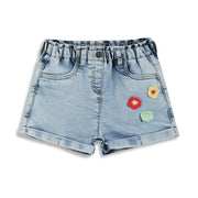 Baby Girls Denim Shorts with Floral Applique, Light Blue