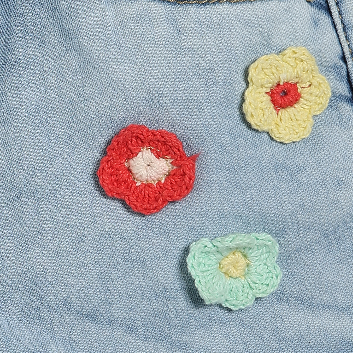Girls Denim Shorts with Floral Applique, Light Blue