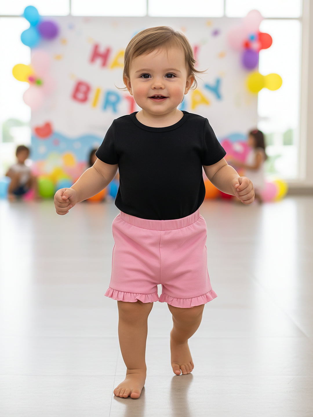 Baby Girls Solid Knit Shorts With Ruffle Hem, Pink