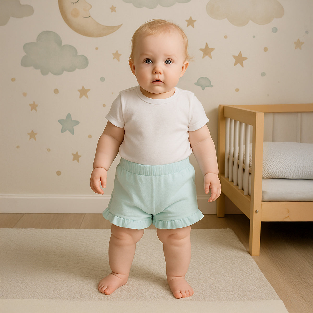 Baby Girls Solid Knit Shorts with Ruffled Hem, Light Blue