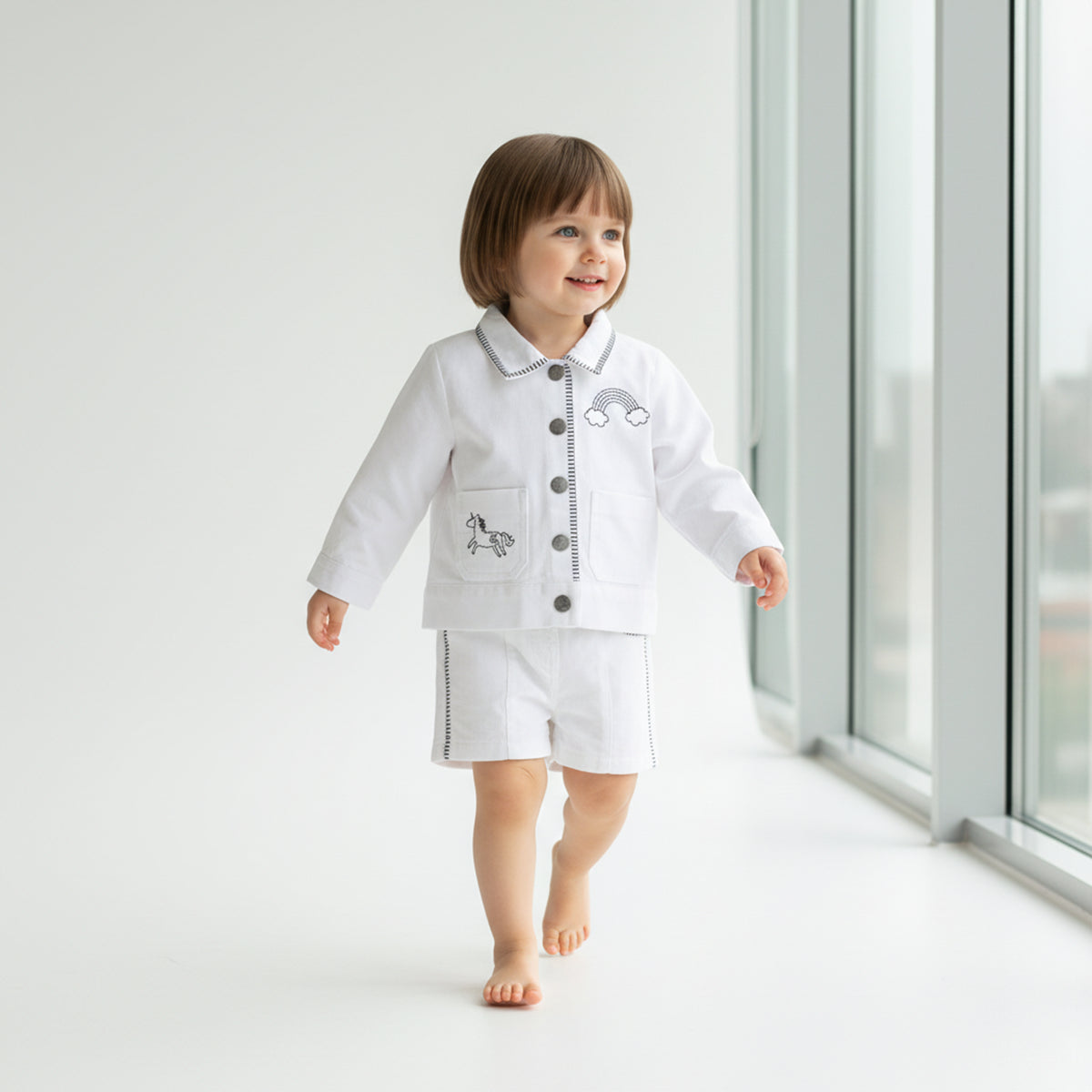 Baby Boys Top and Shorts Set with Contrast Stitch Detailing, White