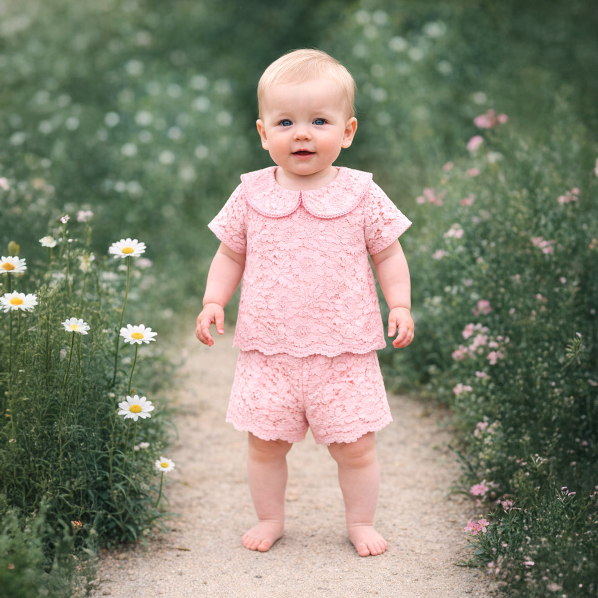 Baby Girls Floral Lace Top and Shorts Set, Pink