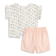 Baby Girls Off White and Peach Cotton Top and Shorts Set Regular Fit Casual Kids Set