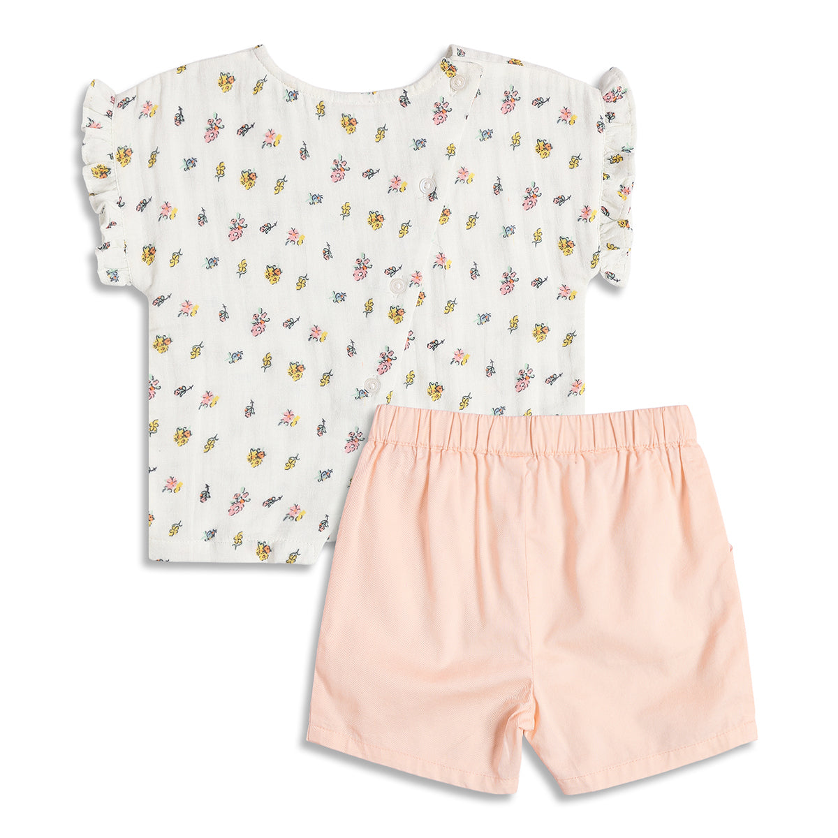 Baby Girls Off White and Peach Cotton Top and Shorts Set Regular Fit Casual Kids Set