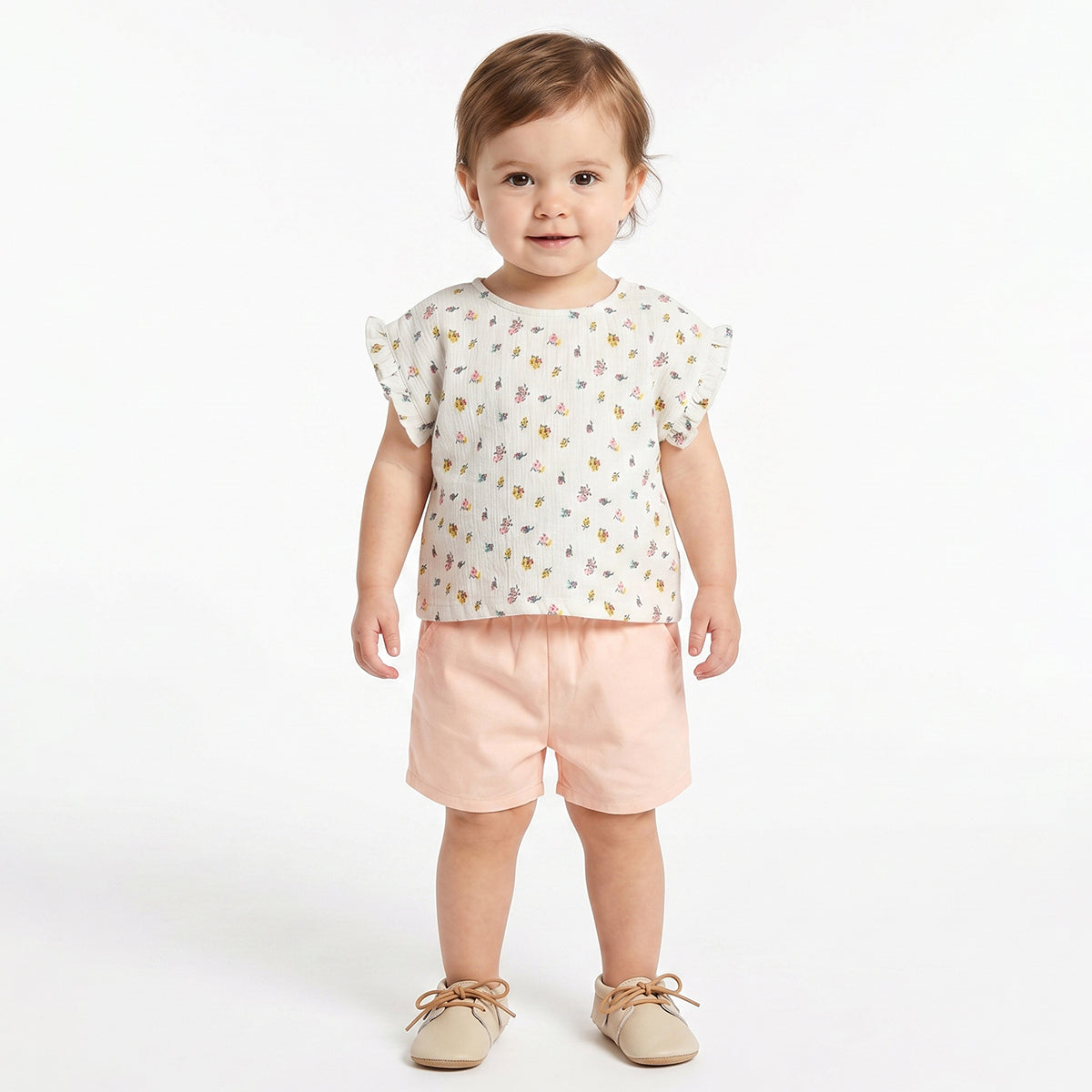 Baby Girls Off White and Peach Cotton Top and Shorts Set Regular Fit Casual Kids Set