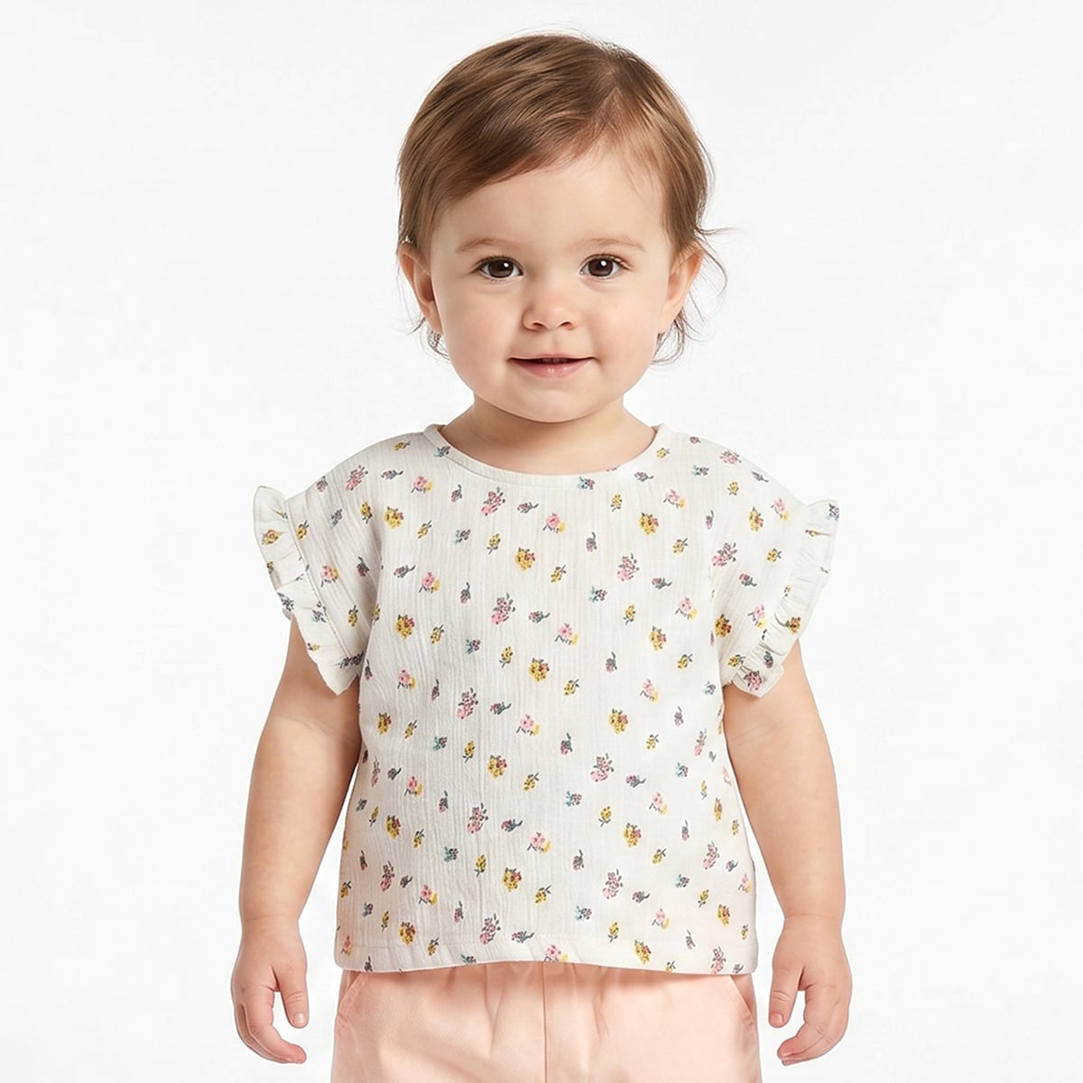 Baby Girls Off White and Peach Cotton Top and Shorts Set Regular Fit Casual Kids Set
