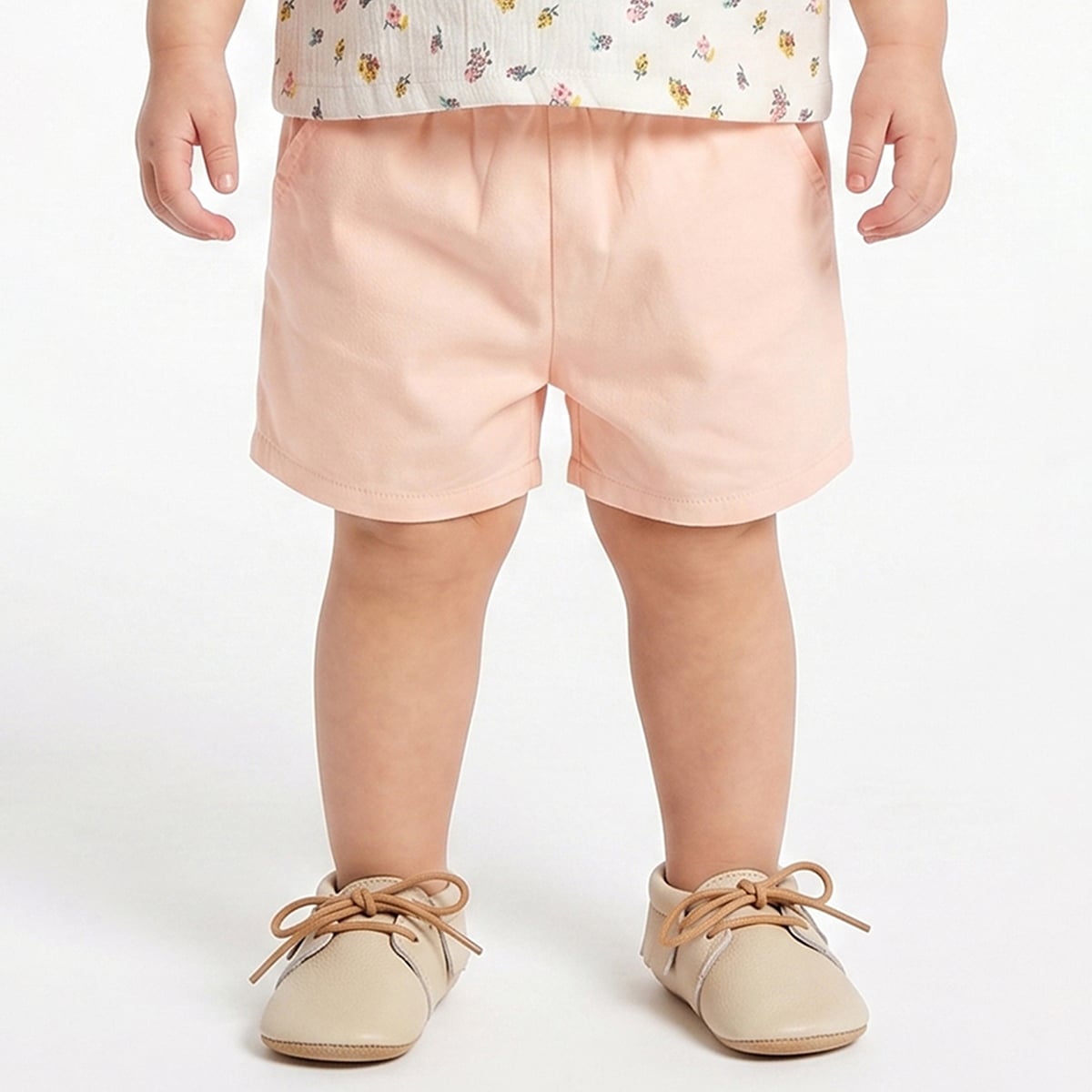 Baby Girls Off White and Peach Cotton Top and Shorts Set Regular Fit Casual Kids Set