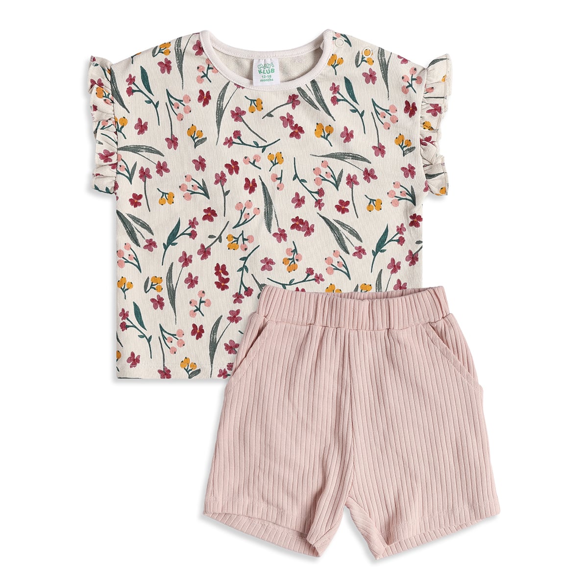 Baby Girls Floral Printed Top & Ribbed Shorts Clothing Set Regular Fit Casual Kids Co-ord Set